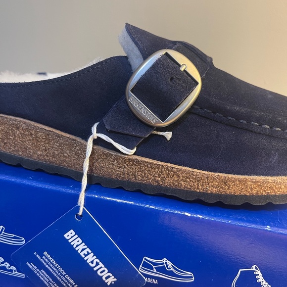 Suede Birkenstock Buckley Shearling in Navy Blue with Silver Hardware - Picture 5 of 15